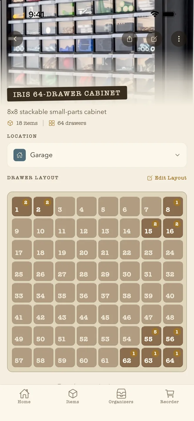 An 8 by 8, 64-drawer metal parts cabinet in WhichDrawer: the photographed cabinet above, its full drawer grid mapped below