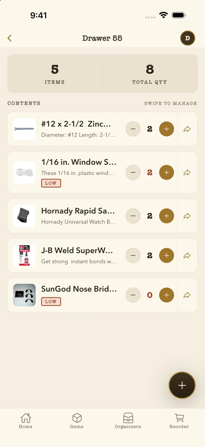 A single drawer's contents in WhichDrawer: five hardware items with photos, quantity steppers, and low-stock badges