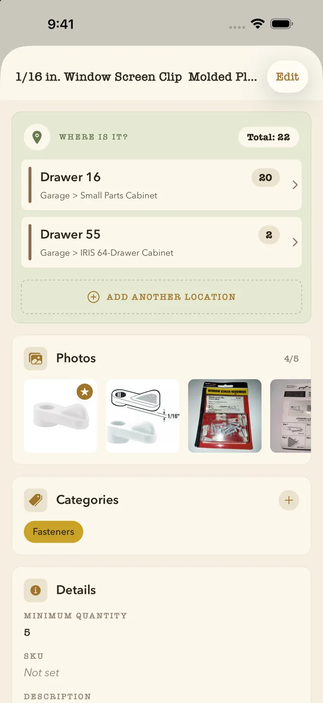 An item detail screen in WhichDrawer answering 'Where is it?' with two drawer locations, five photos and a category
