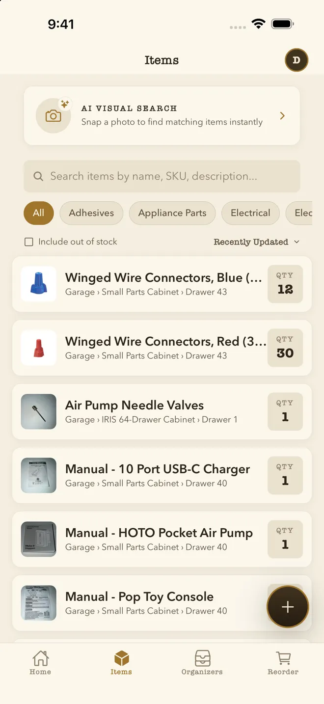 WhichDrawer's Items screen with an AI Visual Search banner, text search, category chips and photo-first item rows showing drawer paths