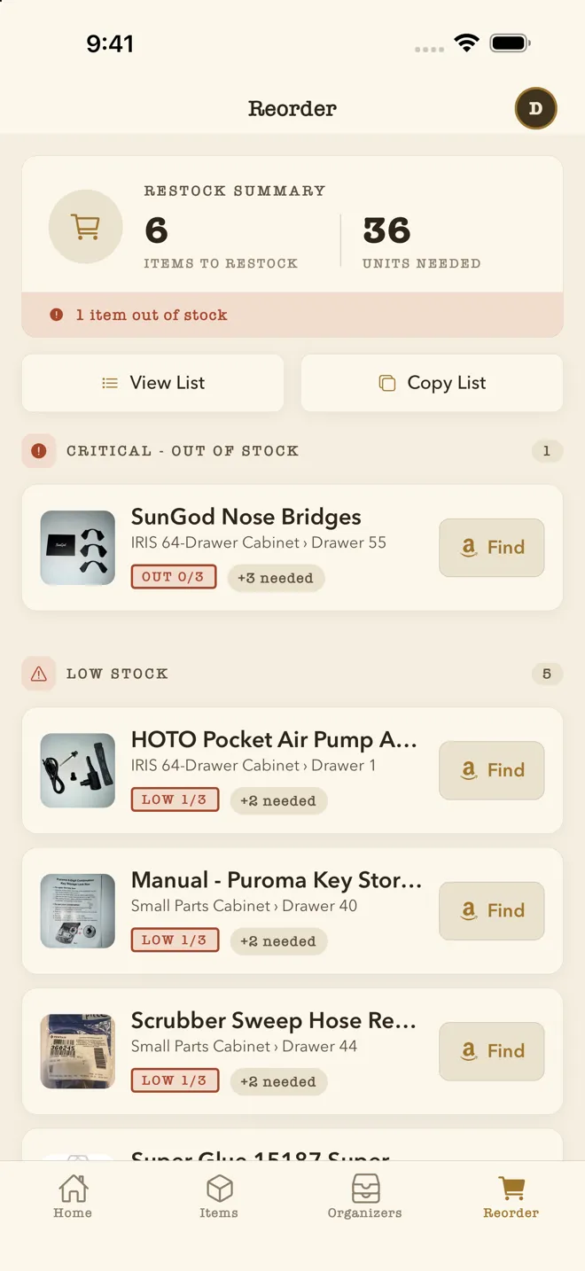 WhichDrawer's Reorder tab: a restock summary of six items, one critical out-of-stock entry and a low-stock list with per-item Find buttons