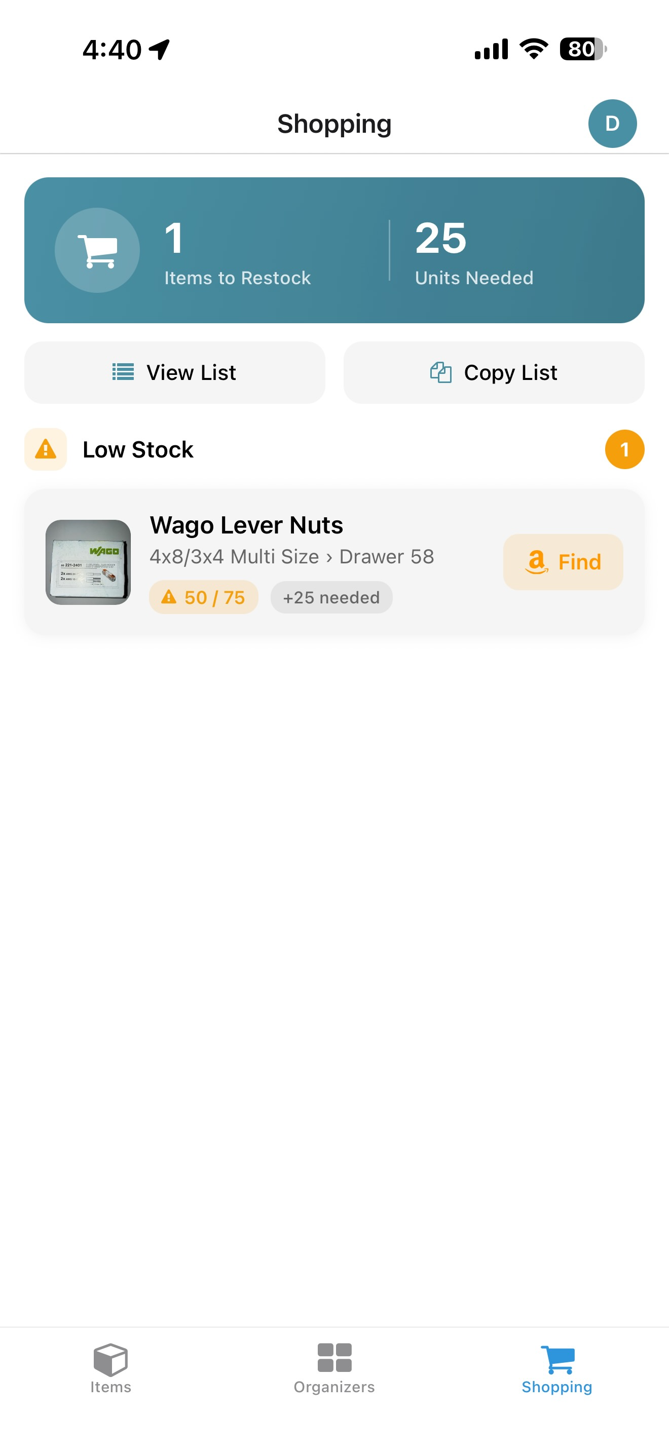 Shopping list showing low stock items